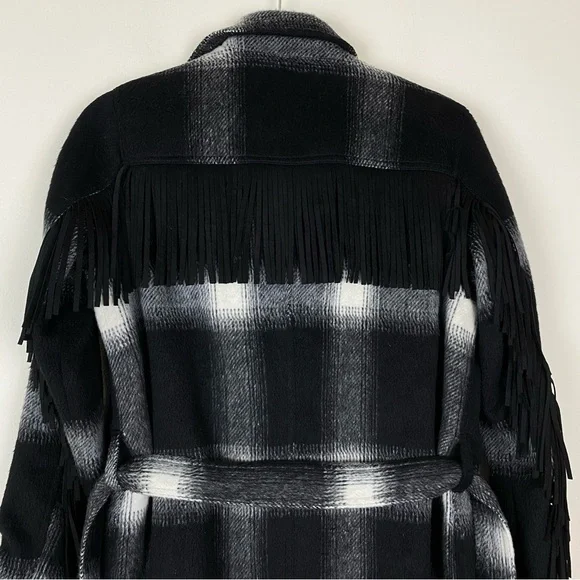 New Mother Fringe Plaid Flannel Coat Shirt Jacket Shacket Western Boho XS